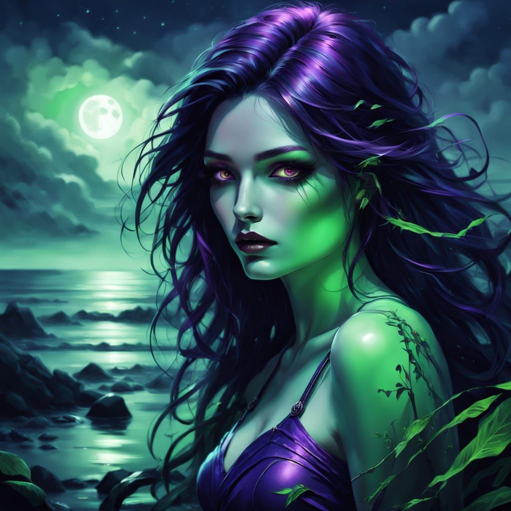 Gothic Goddess on Mysterious Beach in Dark Fantasy Style