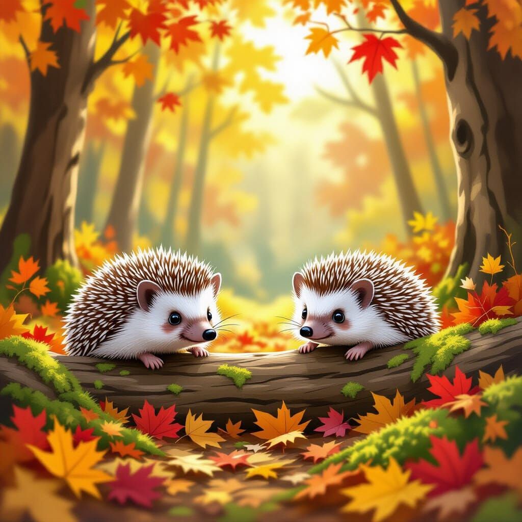 Hedgehogs Playing Hide-and-Seek in Autumn Forest