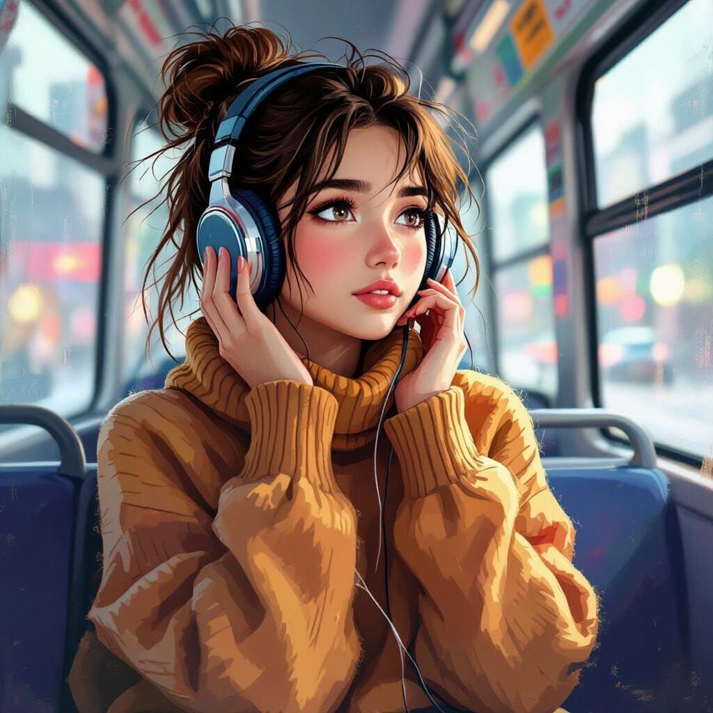 Girl with Headphones on Bus in Vibrant Painting Style
