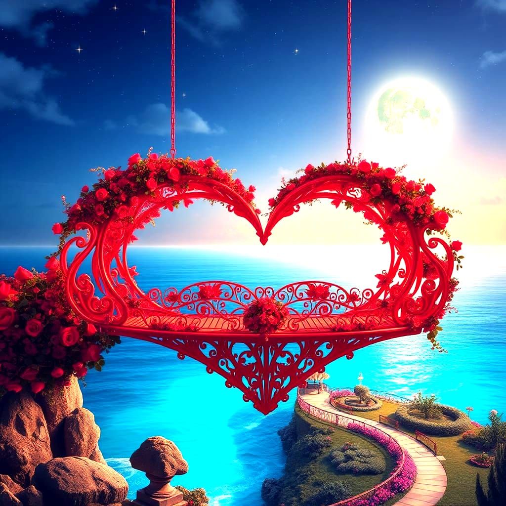Romantic Red Bridge Heart Symbol with Ocean View
