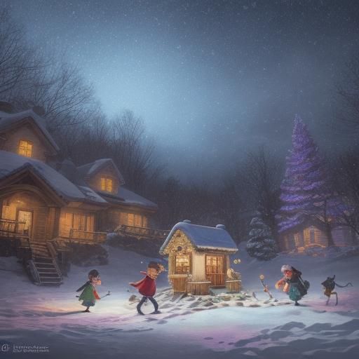 Children Playing in Snow on Magical Christmas Morning