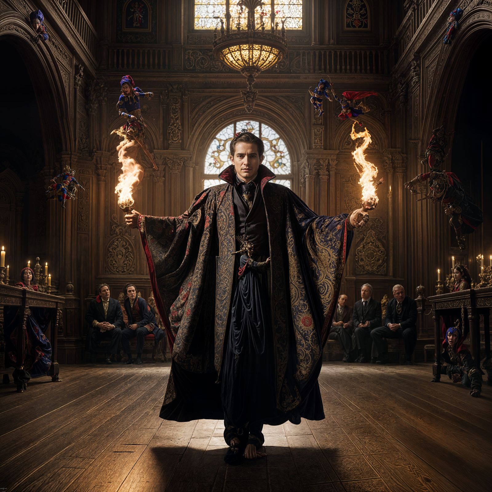 Jester in Cinematic Film Still Juggles Flaming Pins