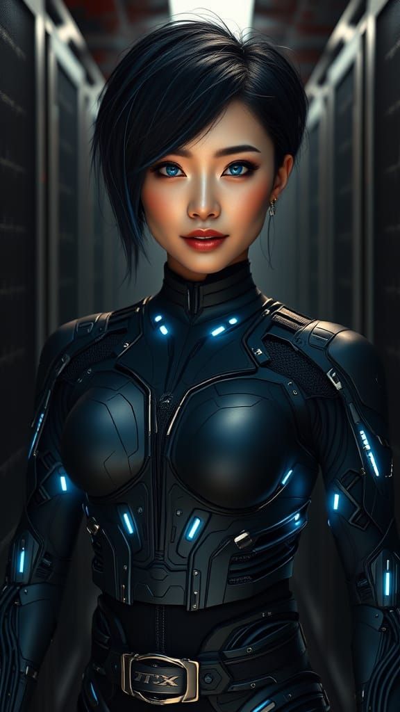 Cyberpunk Woman with Fiber Optic Suit in Server Room