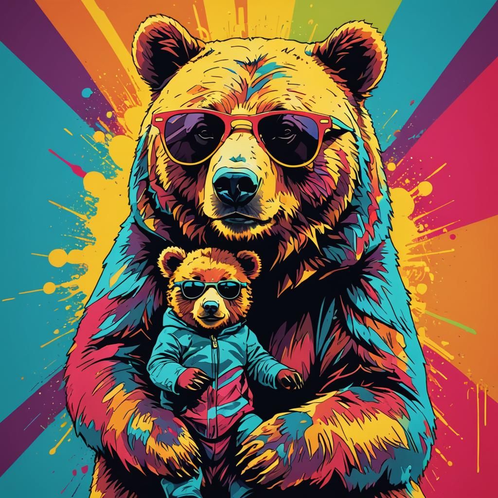 Pop Art Mother Bear Protects Cub