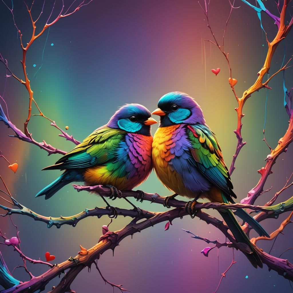 Rainbow Birds in Love: Digital Art Masterpiece