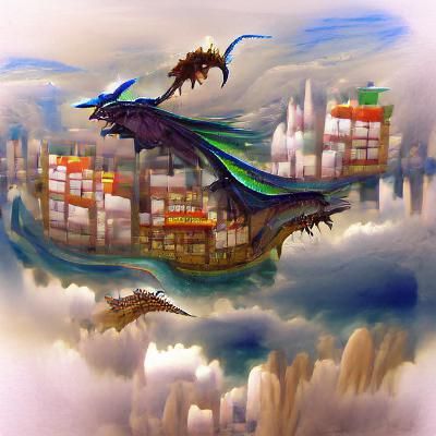 Fantasy Dragon Over Floating City