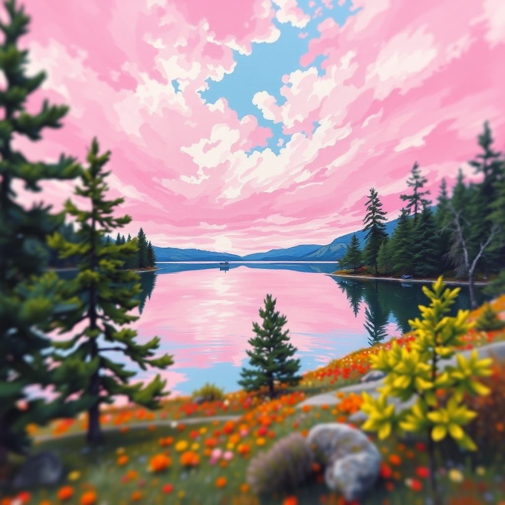 Vibrant Gouache Lake Scene in Impressionist Style