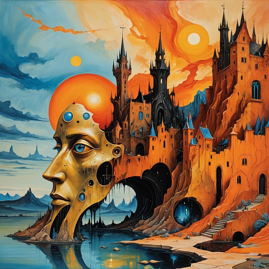 Surrealistic oil painting. Medium shot. A dreamlike scene of...