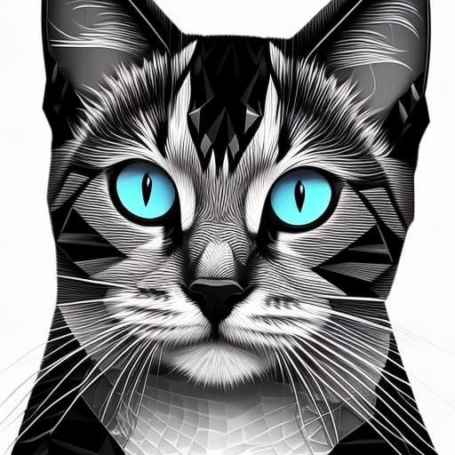 Geometric Cat Concept Art in Black and White
