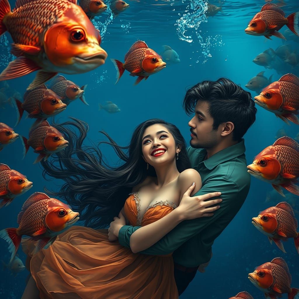 Lovers Swimming in a Vibrant Sea Canal