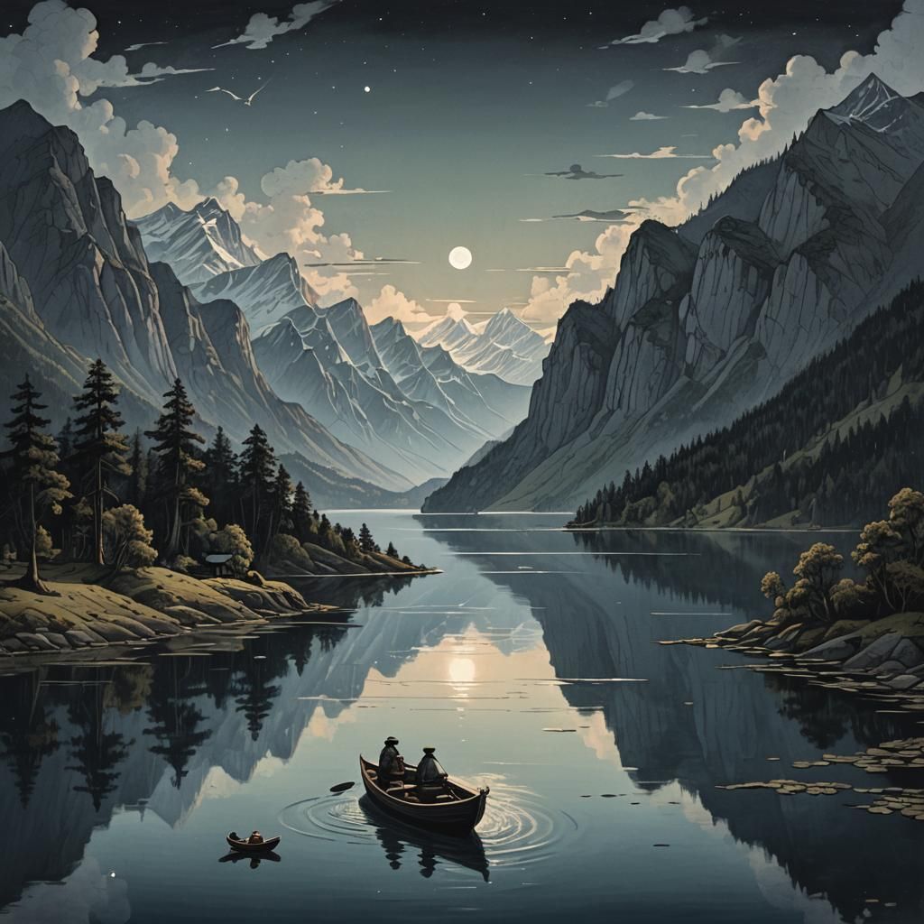 Lake with Clock Sky: Fantastical Concept Art