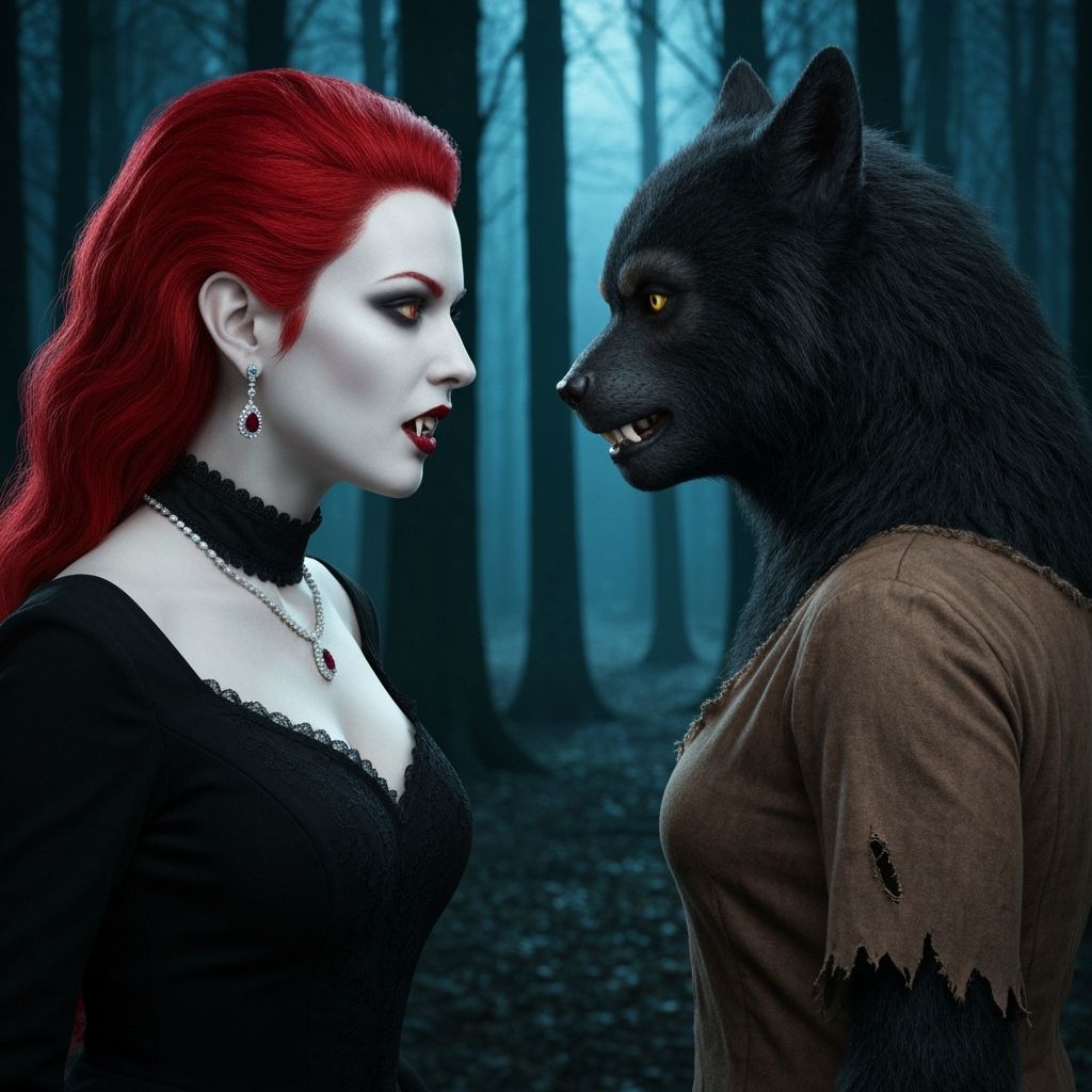 Vampire vs Werewolf in Forest at Night