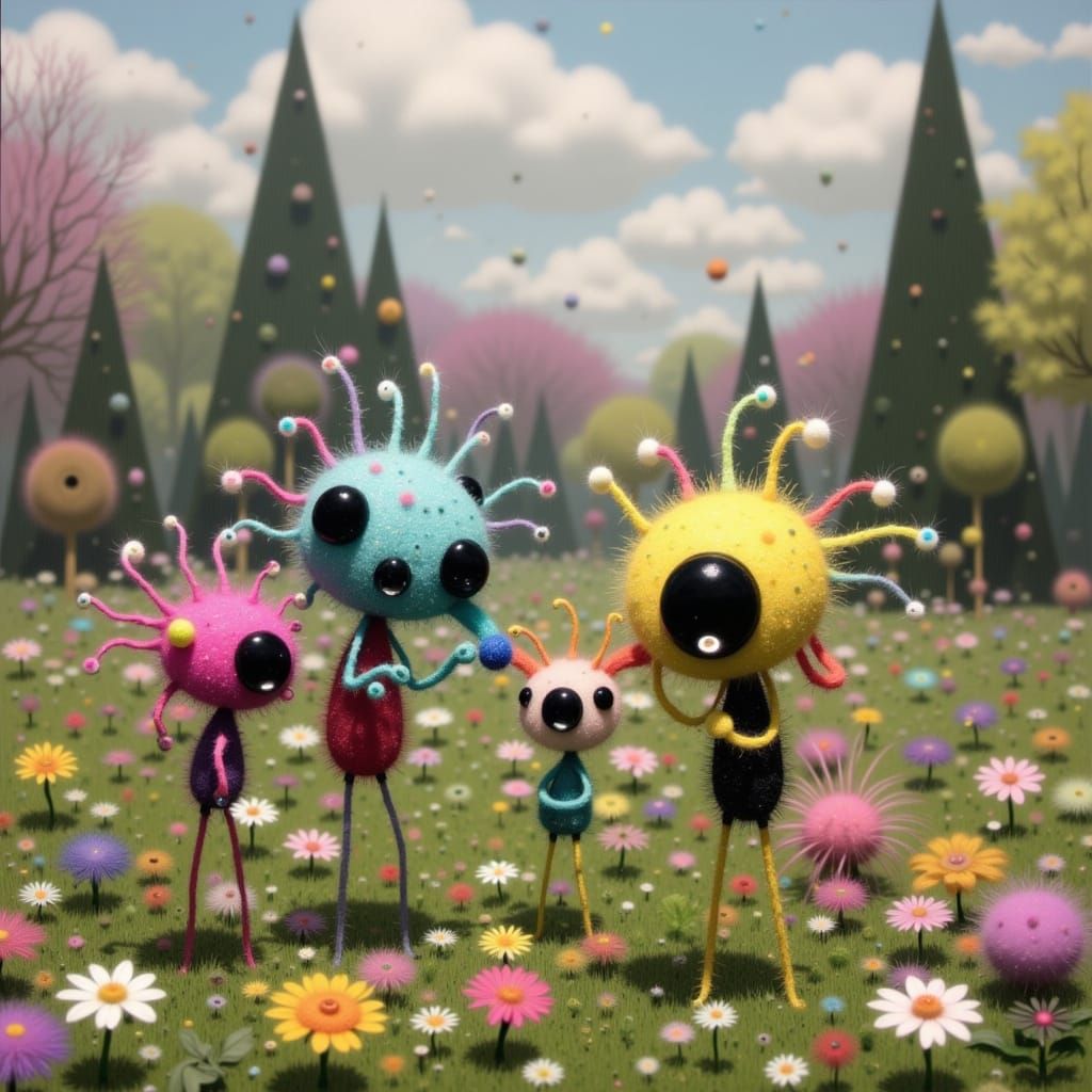 Whimsical Yarn Creatures Enjoy Spring Day in Park