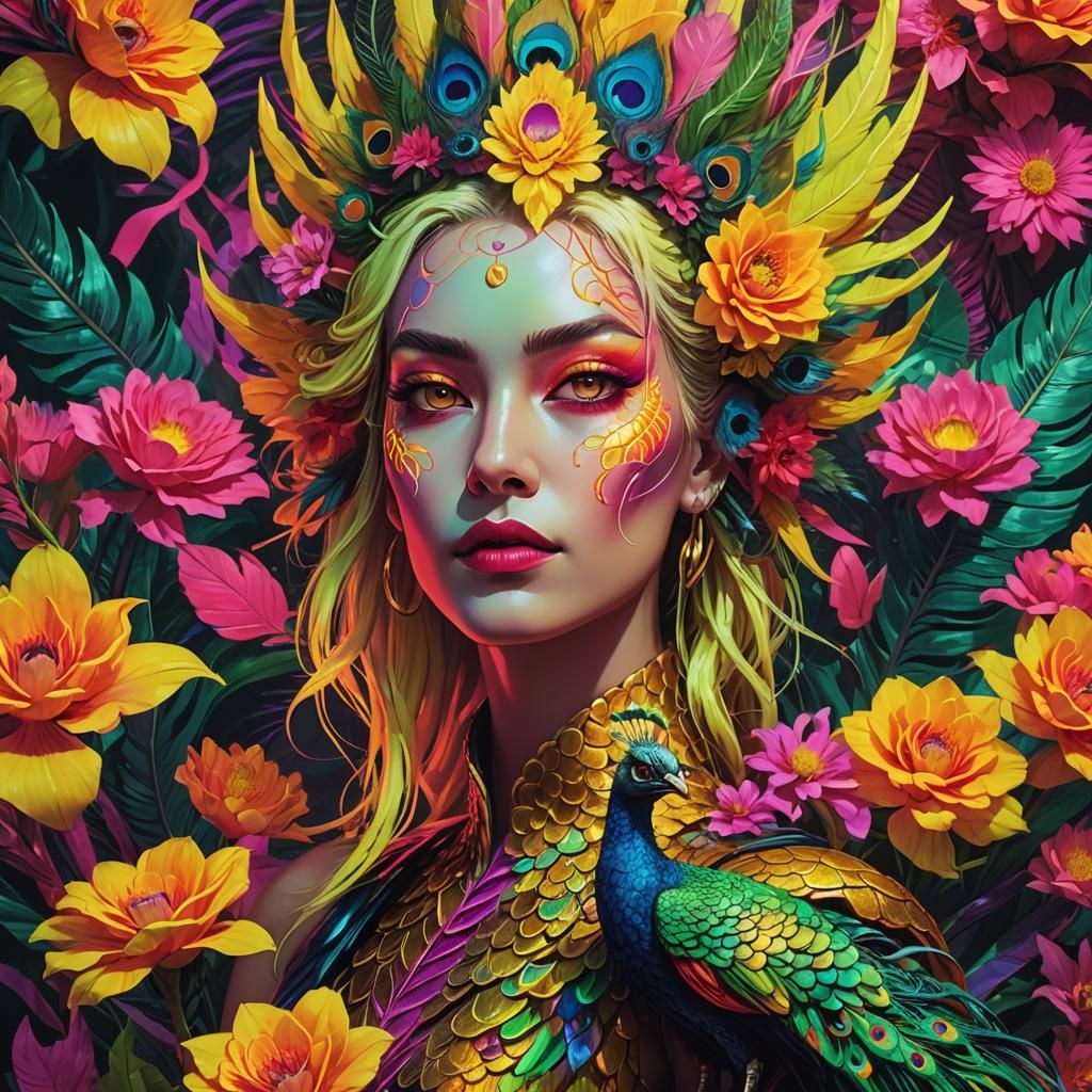 Neon Dragon Peacock Woman in Synthwave Style