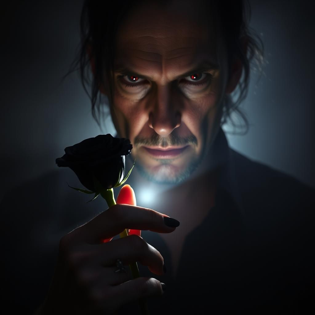 Intense Gaze: Metal Singer with Black Rose