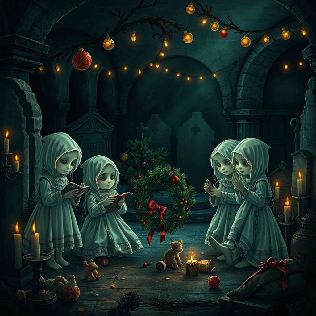 Ghostly Children Play in Festive Gothic Crypt