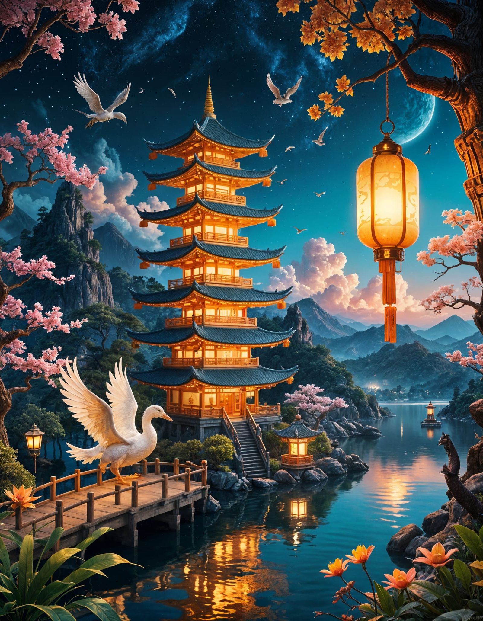 Glowing Cyberpunk Pagoda with Dragon and Lanterns