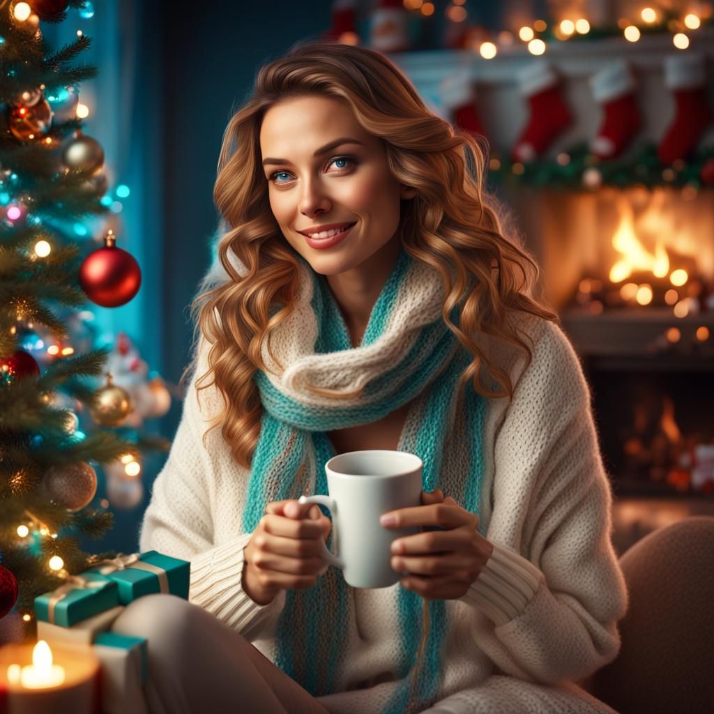 Festive Christmas Portrait of Woman by Tree