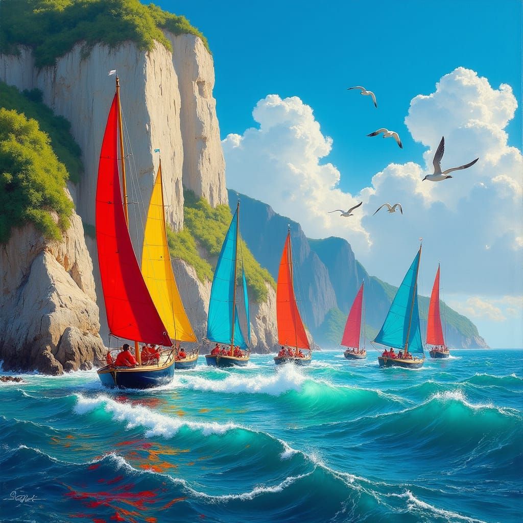 Colorful Sailboats on Rocky Coastline, Impressionist Style