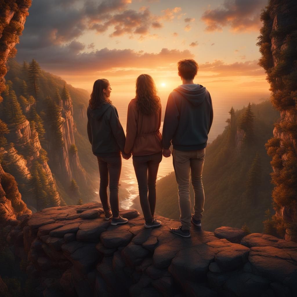 Friends United Against a Sunset Cliff, Digital Art