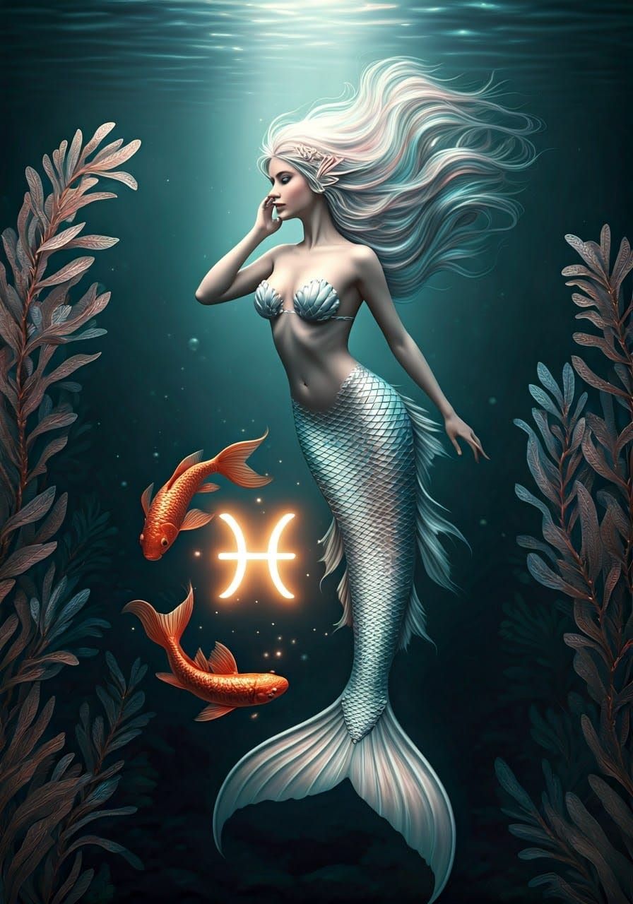 Mermaid in Ethereal Aquatic Scene with Magical Symbol