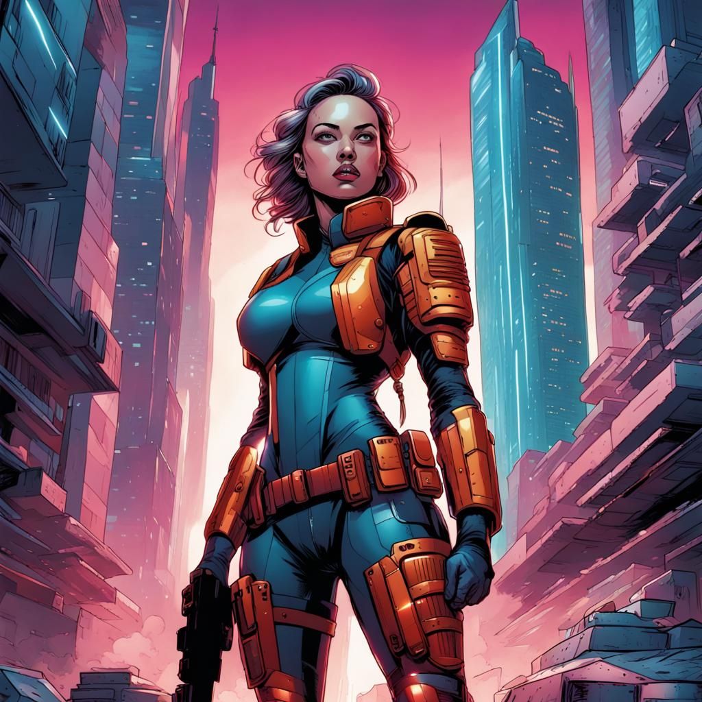 Futuristic Megacity with Female Soldier, Comic Book Art