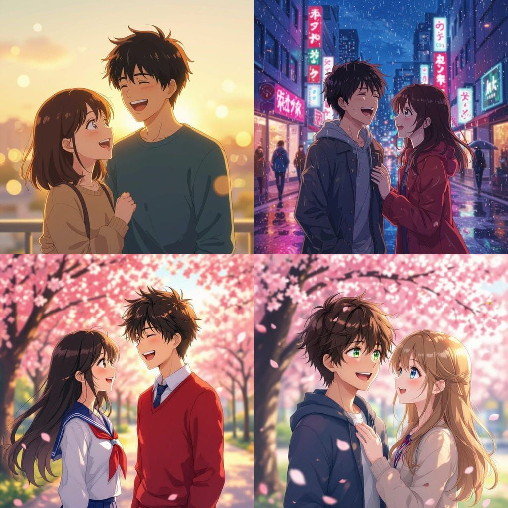 Anime Teen Couple Laughing Together Romantically