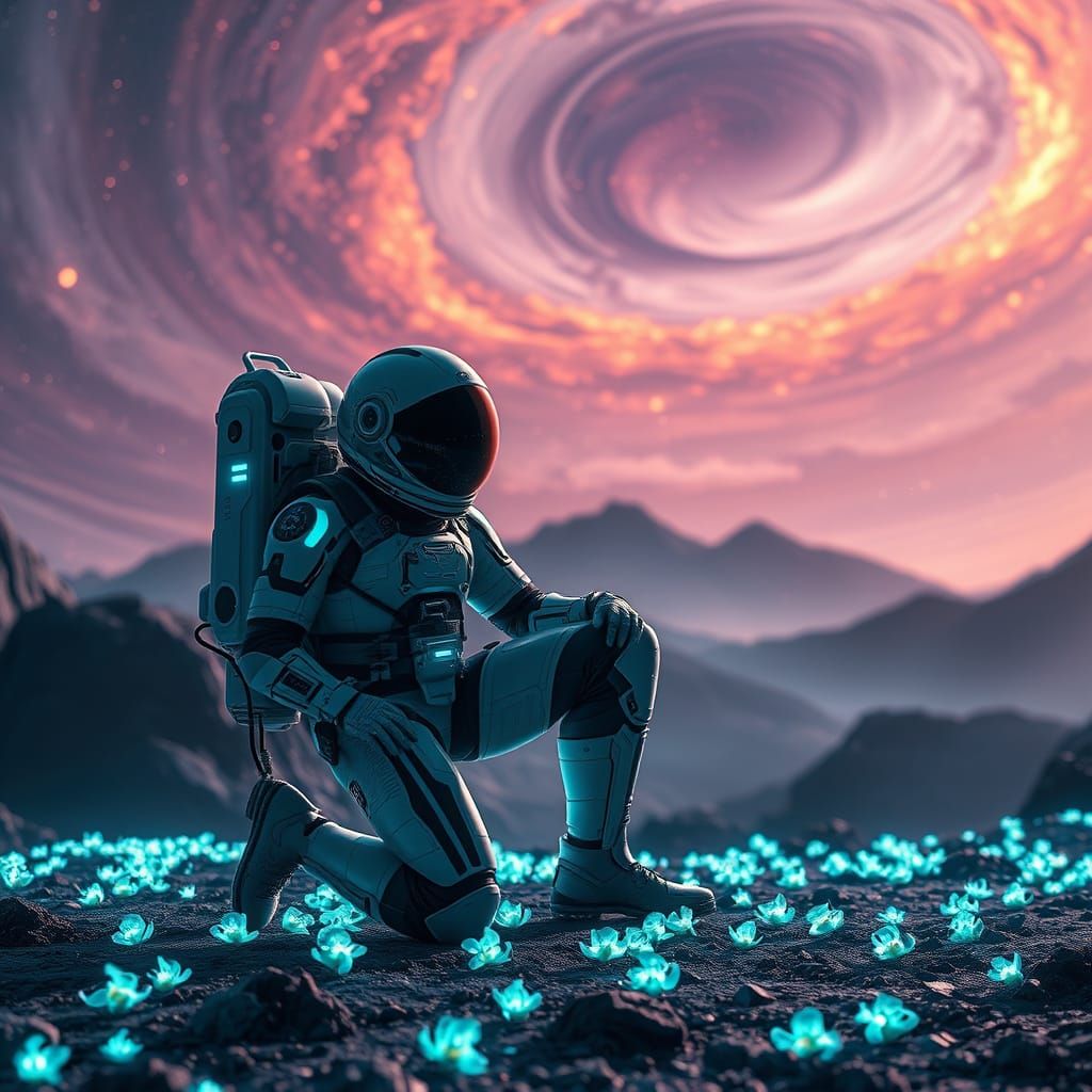 Astronaut Kneels Amidst Bioluminescent Exoplanet Landscape i...