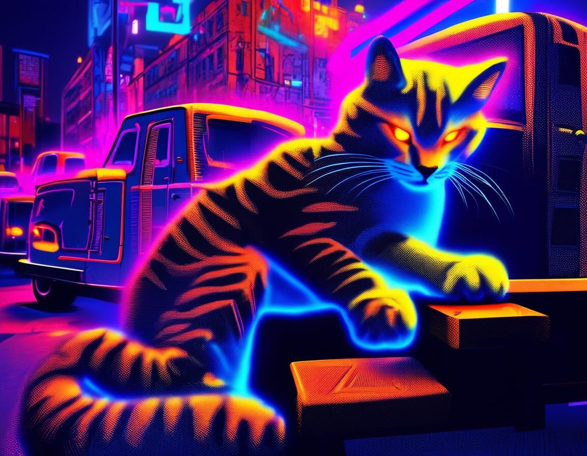 Bold Stylized Cat in Neon Cityscape
