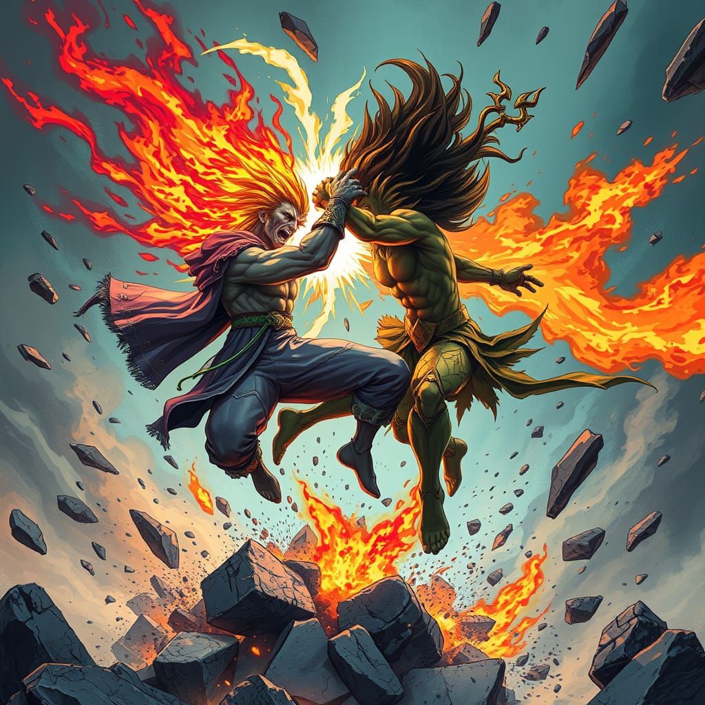 Energetic Battle Scene with Flames and Shattered Stone