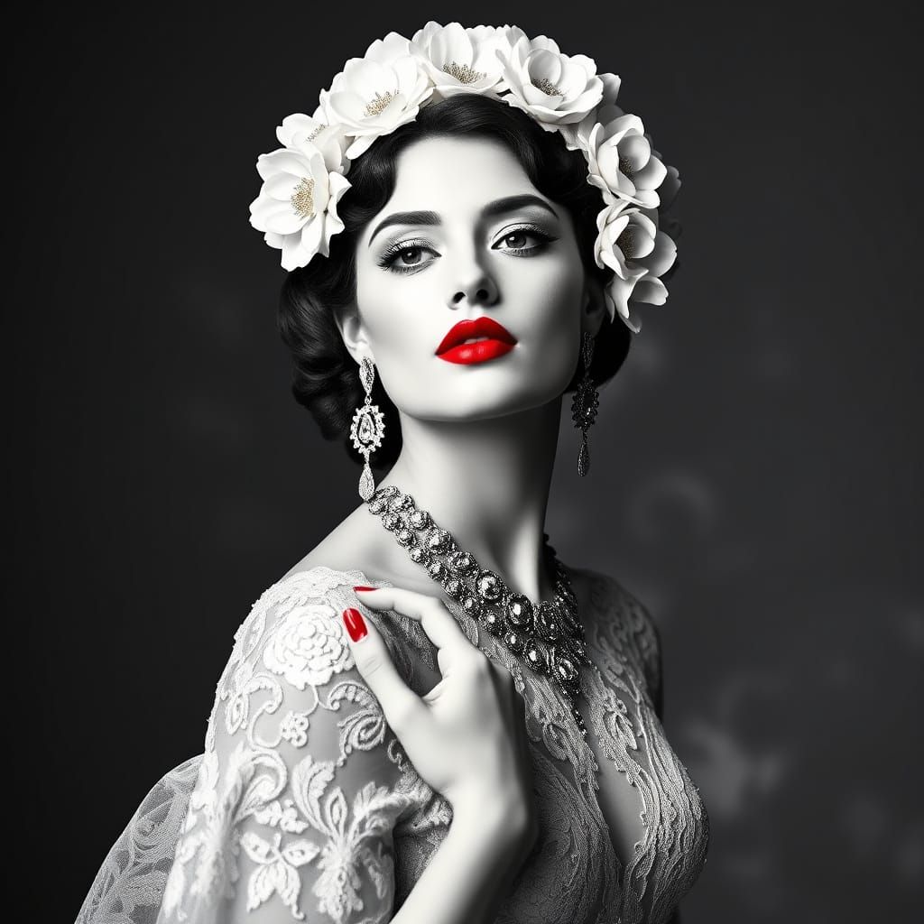 Elegant Woman with Lace Dress and Floral Headpiece