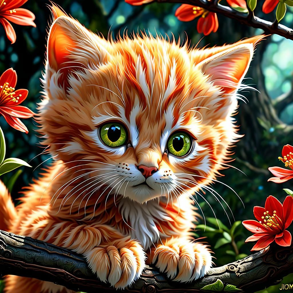 Adorable Kitten in Enchanted Forest, Cartoon Style
