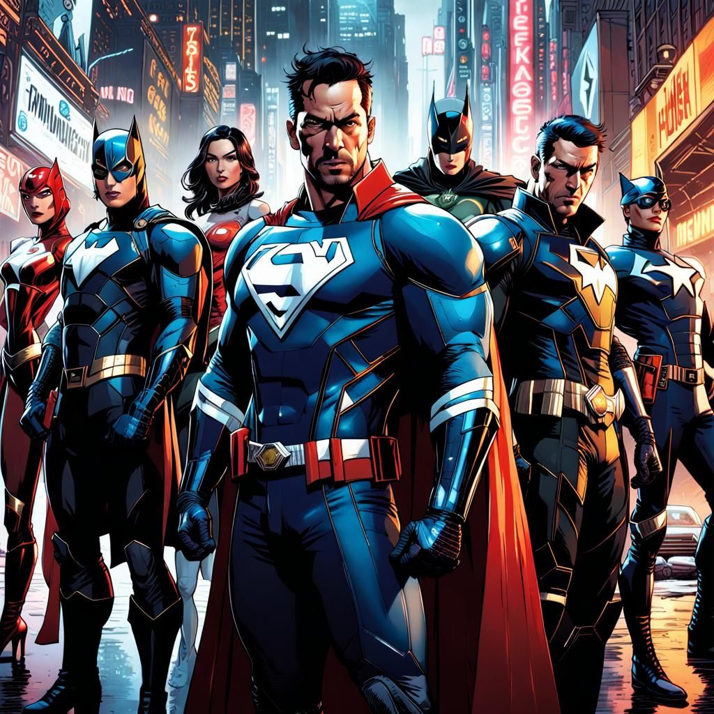 Dynamic Superheroes in Glossy Outfits: Comic Book Art