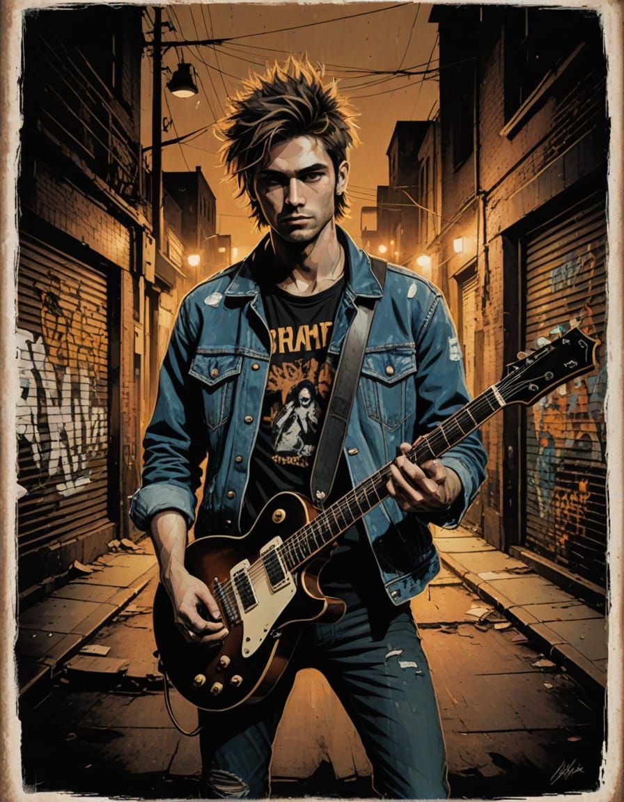 Grunge Music Icon in a Gritty Alleyway