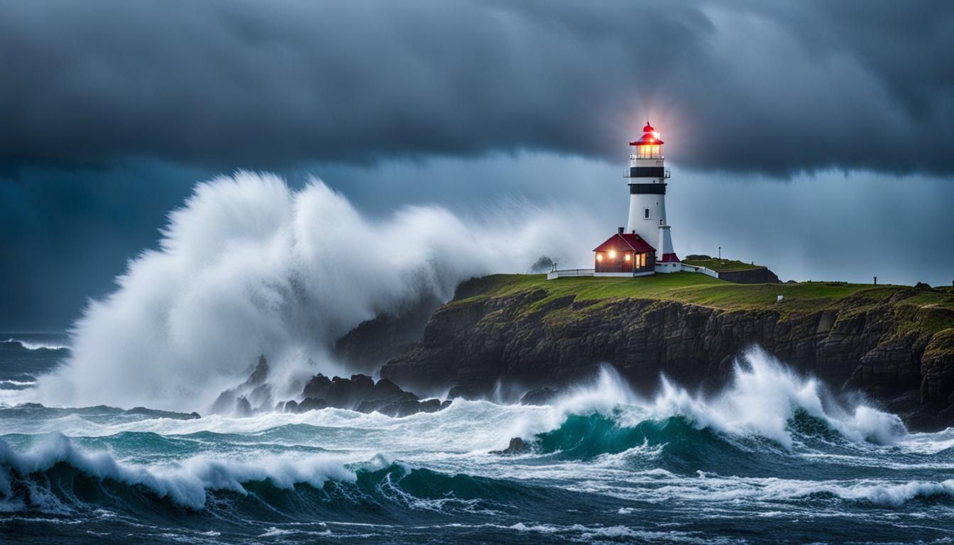 Lighthouse in Ocean Storm with Crashing Waves