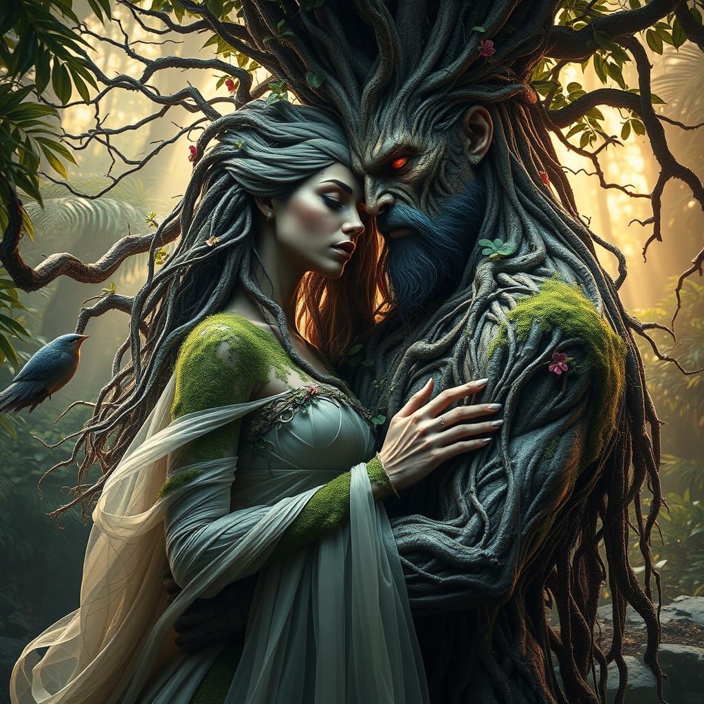 Towering Earth Goddess and God in Intimate Embrace