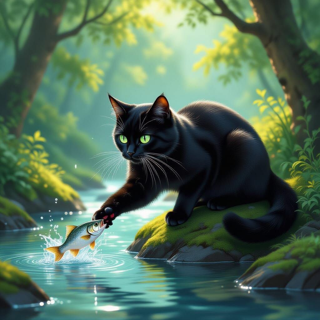 Agile Cat Catches Fish in Sunlit Stream