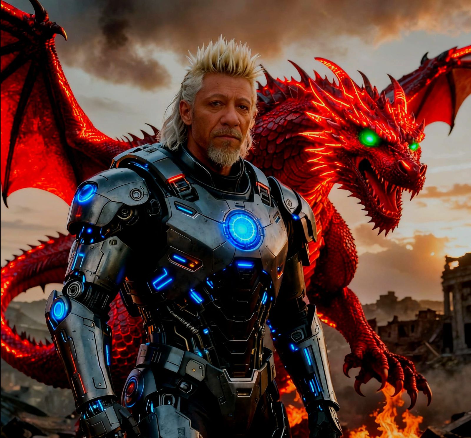 Futuristic Warrior Battles Dragon in Hyperrealistic Art