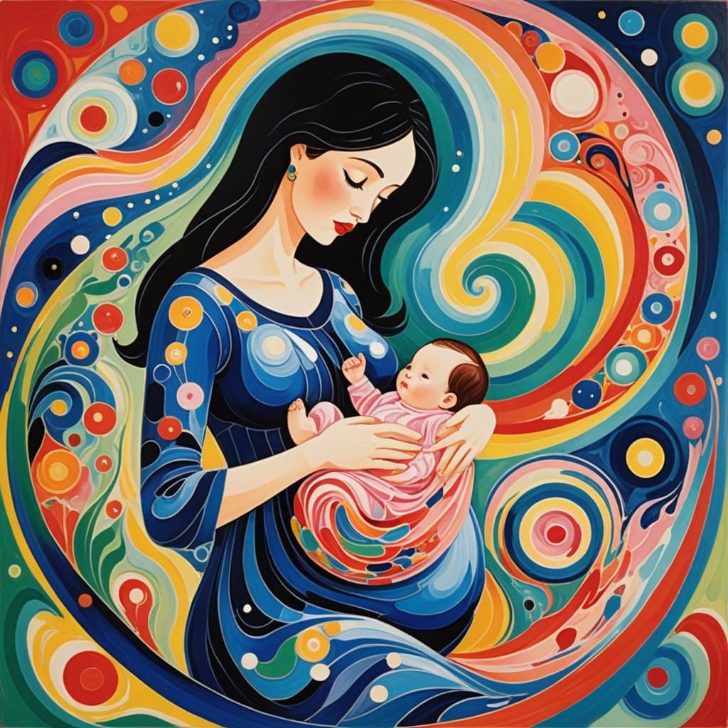 Mother's Gentle Love in a Suminagashi Birth