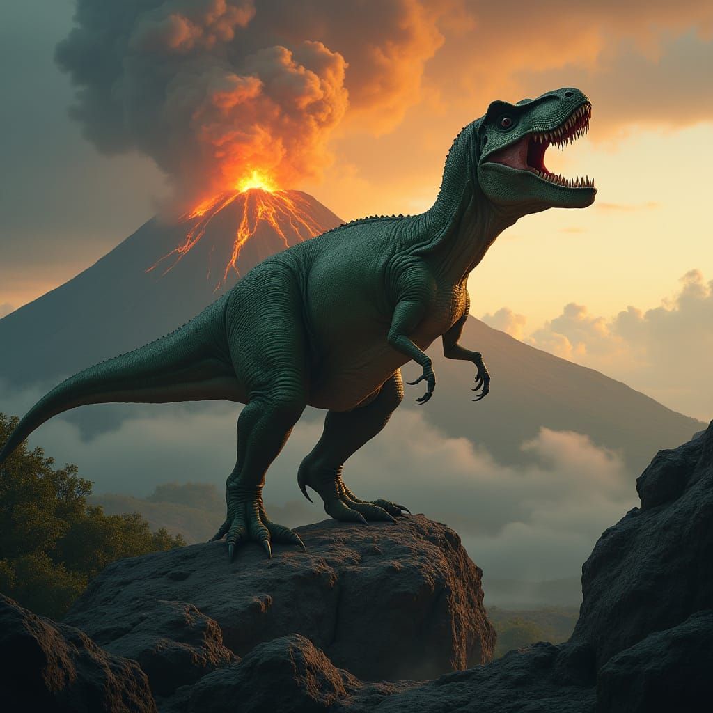 Majestic Green-Scaled T Rex Roars from Cliff Edge, Backed by...