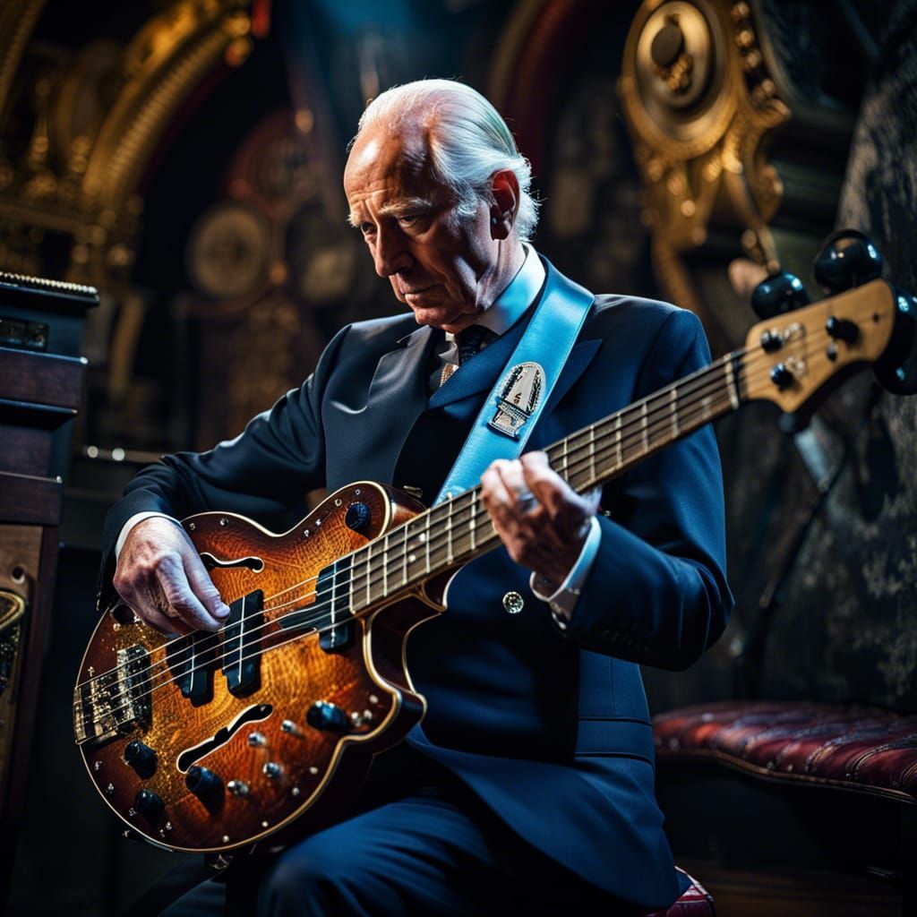 King Charles III Plays Bass Guitar, Realistic Style