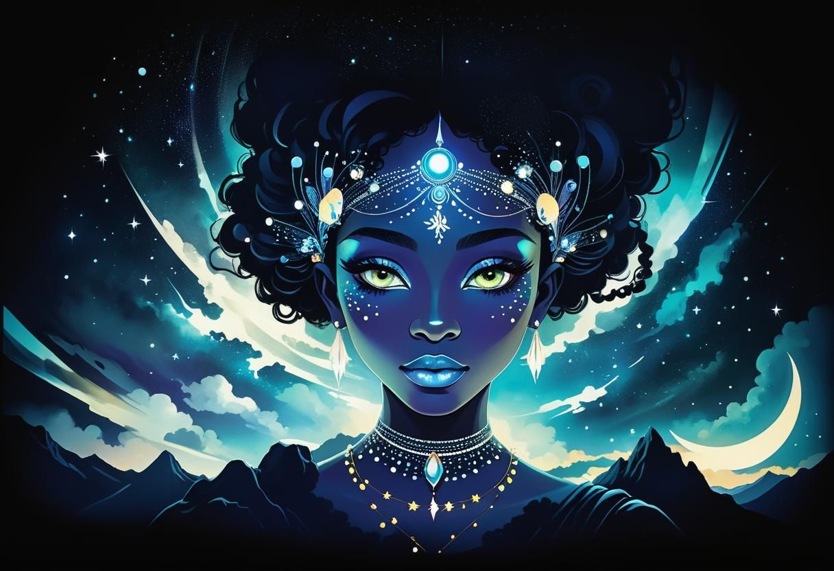 Cosmic African Queen with Starlight, Alcohol Ink Painting