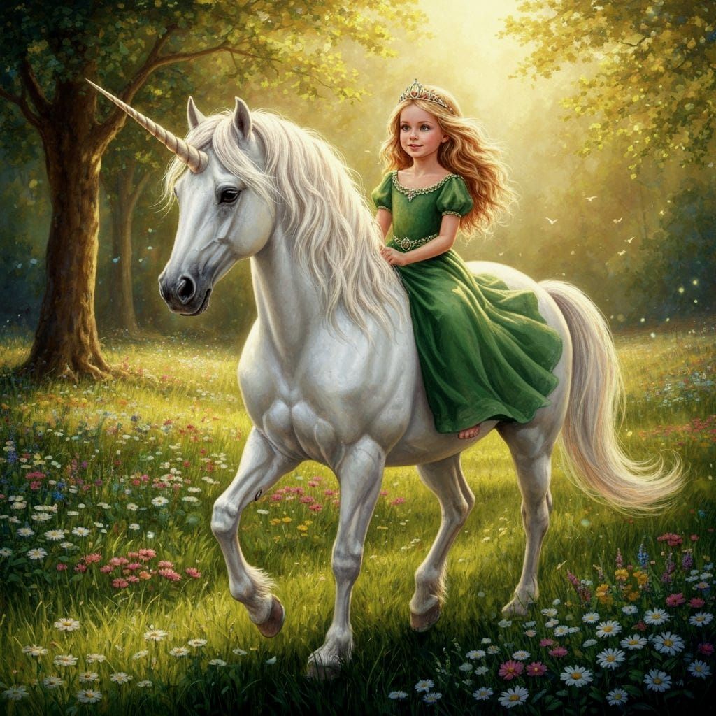 Princess on Unicorn: Realistic Gouache Painting