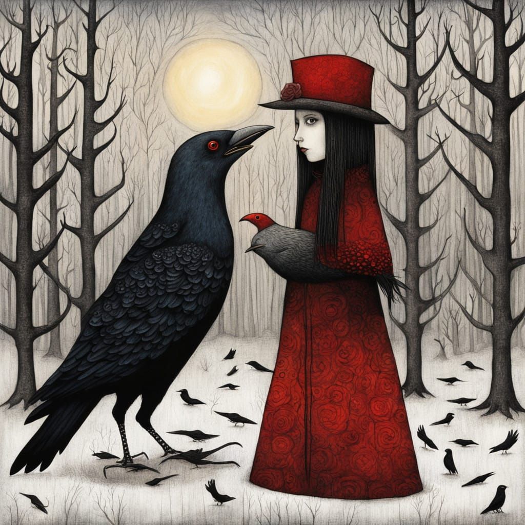 Goth Girl and Her Red Crow in Darkwater