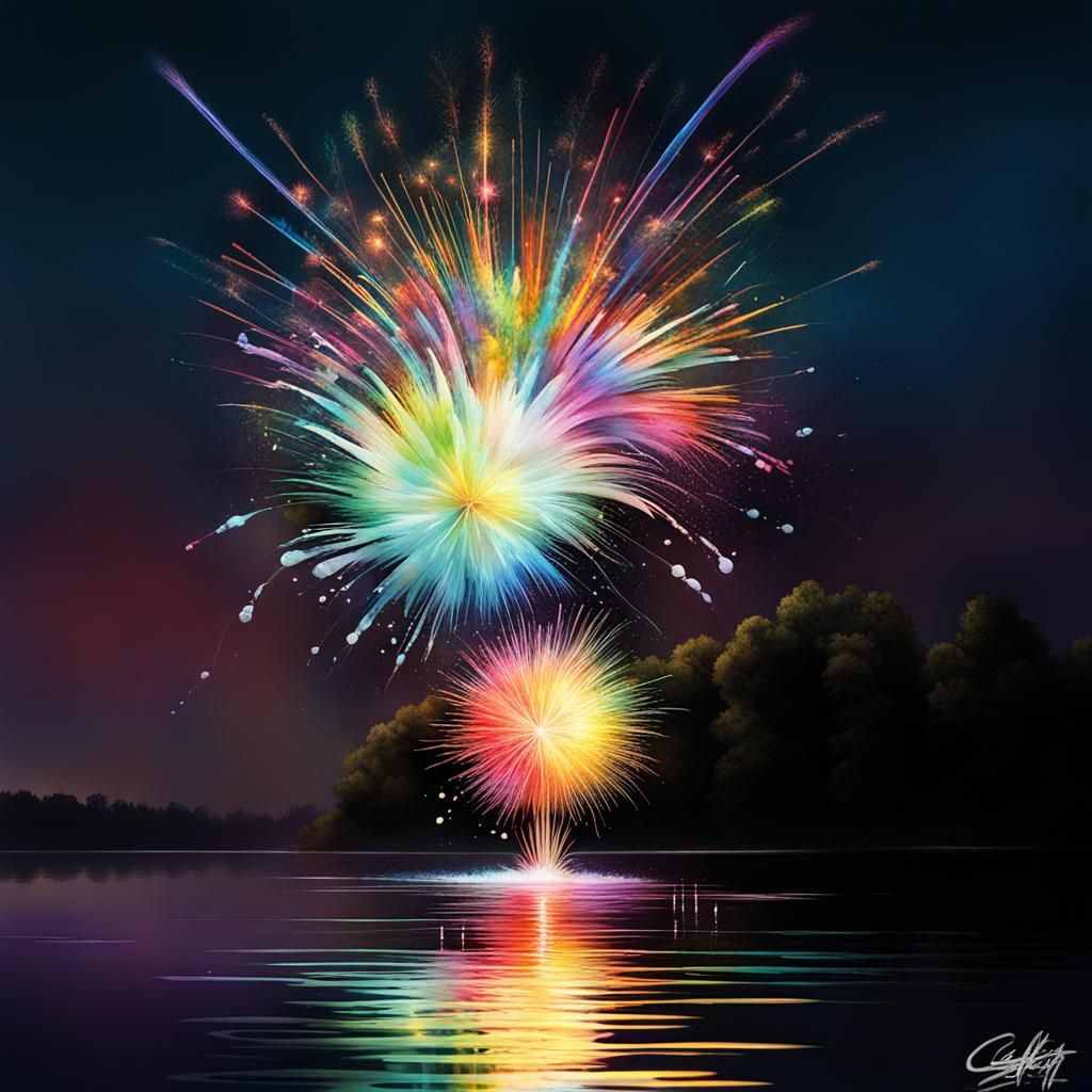Feu d’artifice sur un lac .