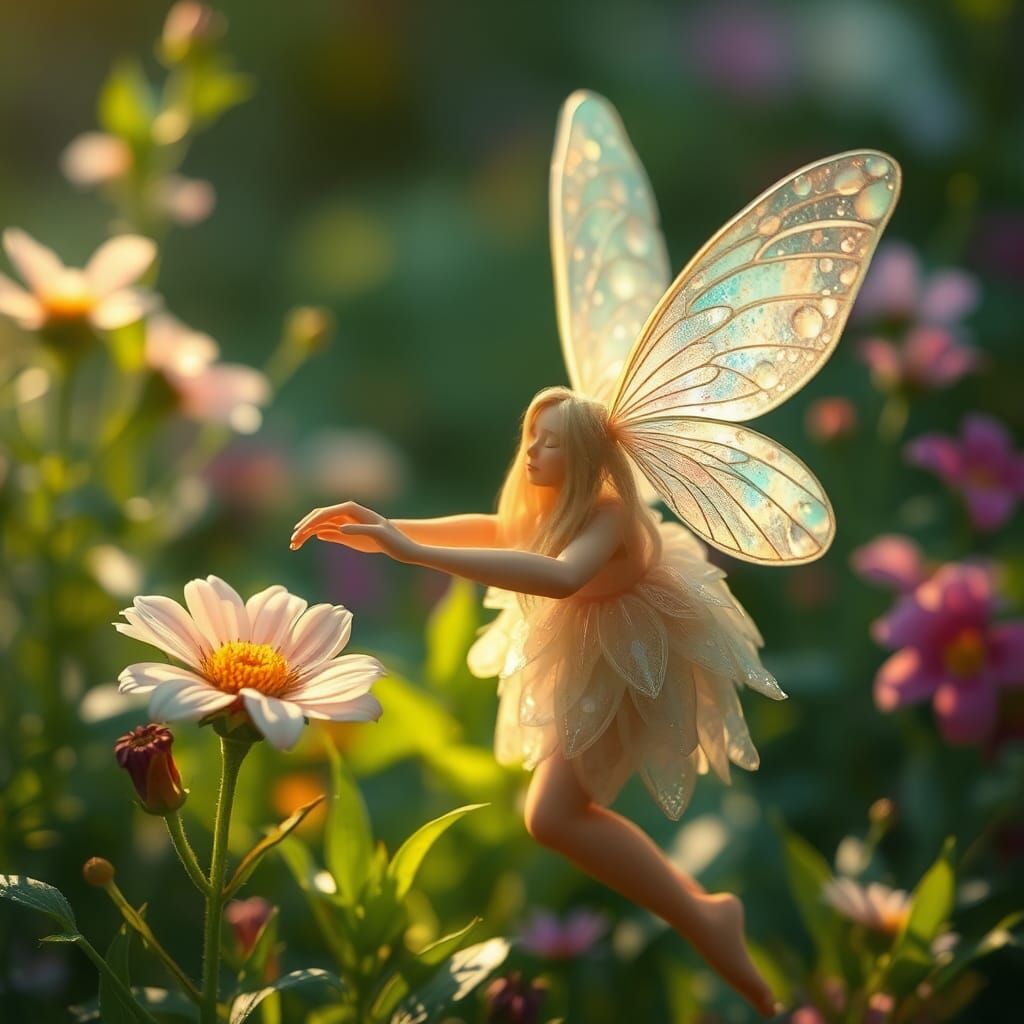 Delicate Dewdrop Fairy in Dreamlike Flower Garden