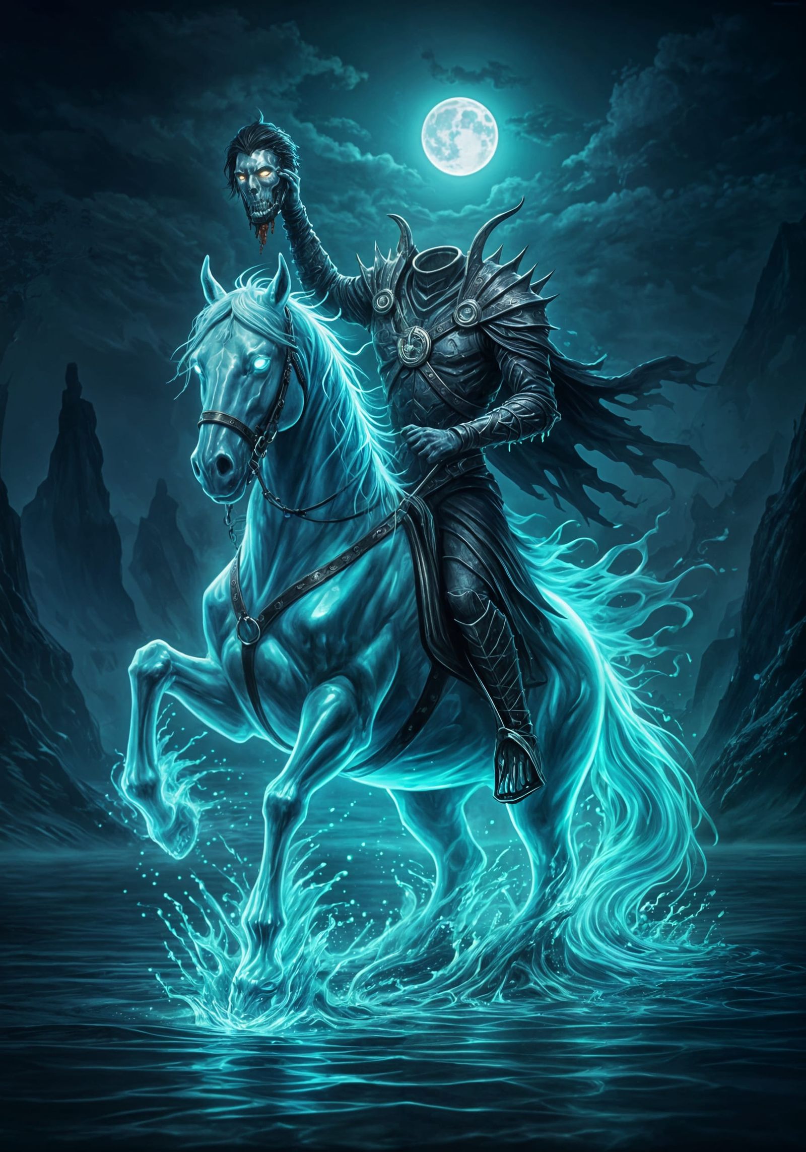 Ethereal Dullahan Riding a Kelpie on Moonlit Lake