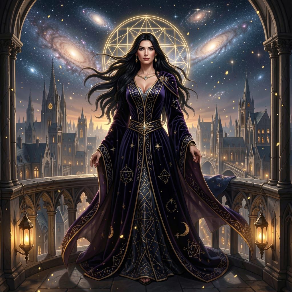 Cosmic Sorceress Overlooking Ancient City in Fantasy Realism