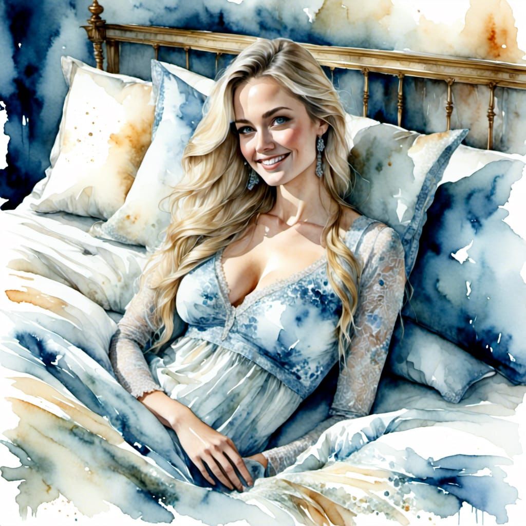 Watercolor Painting of English Woman Waking Up