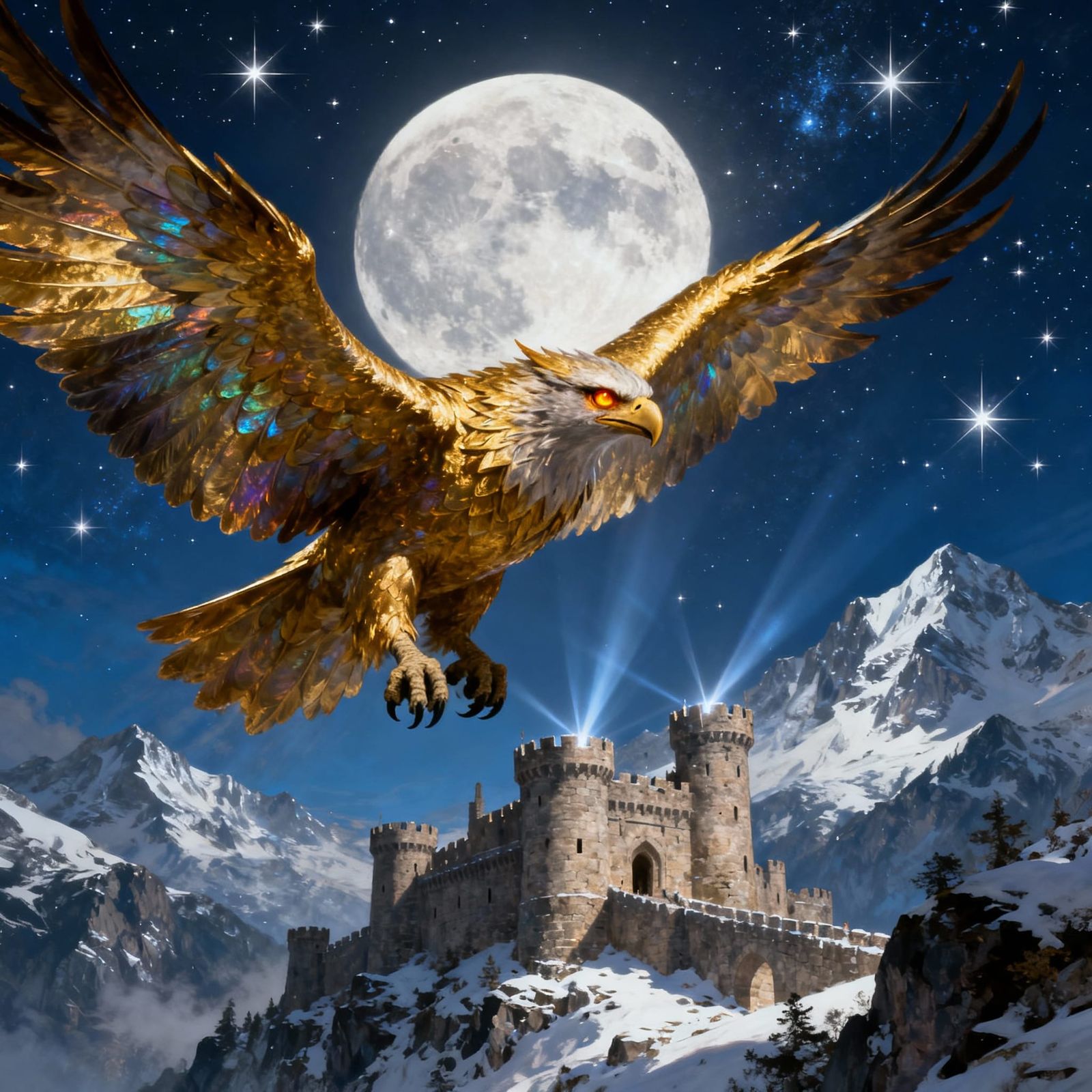 Majestic Griffin Soars Over Castle Under Full Moon